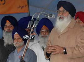 SAD President Parkash Singh Badal addresses a political conference in Anandpur Sahib