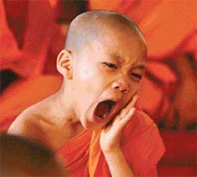 A young Buddhist monk yawns during celebrations for the Dhammapada festival in Bangalore