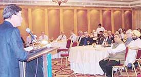 Sir Michael Arthur,who led a delegation of British  businessmen, addresses a  gathering of Indian businessmen in Chandigarh on Thursday.