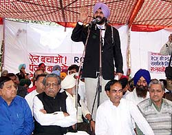 BJP MP, Navjot Singh Sidhu, addressing workers of the Rail Coach Factory in Kapurthala on Thursday. 