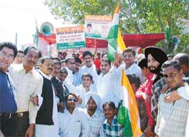 The Youth Congress president, Mr Ravinder Amla, leads a prerna rally in Ludhiana on Friday
