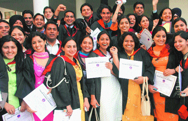Students of the Apeejay Institute of Management in a jubilant mood after receiving their degrees at the institutes campus in Jalandhar on Saturday. As many as 353 students from MBA, MCA, BBA, and BCA were awarded degrees by the Vice-Chancellor of Punjab Technical University, Dr S.K. Salwan. 