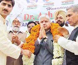 Union Minister of State for Industry Ashwani Kumar addresses a press conference in Bathinda on Saturday.