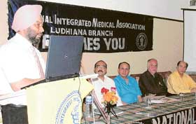 Dr Rajoo Singh Chhina, Head, Department of Gastroenterology at Dayanand Medical College and Hospital, addresses a CME organised by NIMA in Ludhiana on Sunday.