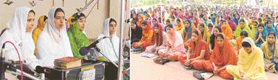 Students of Master Tara Singh College for Women, Ludhiana, take part in Sehaj Path on Monday.