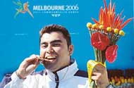 Gagan Narang during the medal ceremony after he won the mens 10m air rifle event, where he set a new Commonwealth Games record, in Melbourne on Tuesday