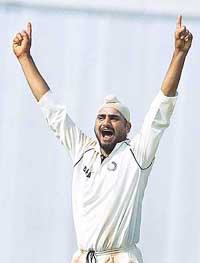 Harbhajan Singh celebrates after dismissing Englands Geraint Jones during the fourth day of the third Test at the Wankhede Stadium in Mumbai 