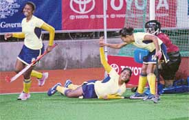Sarita Lakra  is all smiles after scoring a goal against Malaysia at the Commonwealth Games in Melbourne on Tuesday