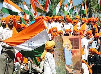 Members of the All-India Anti-Terrorist Front during a procession on the eve of the martyrdom day of Shaheed Bhagat Singh, Sukhdev and Rajguru in Panjab University on Wednesday.