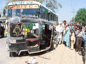 A bus-auto-rickshaw accident took place near Alamgir on Wednesday morning