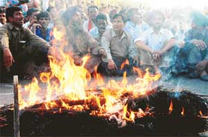 UT employees burn the effigy of the Union Home Minister at Matka Chowk, Chandigarh, on Thursday.