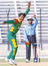 Bangladeshs Mohammad Rafique celebrates the dismissal of Kenyas Hitesh Modi during the third one-dayer at the Bhasani Stadium in Fatullah on Thursday