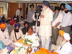 The SAD chief, Mr Parkash Singh Badal, addresses a gathering at Guru Nanak Simran Kender in Ludhiana on Sunday.