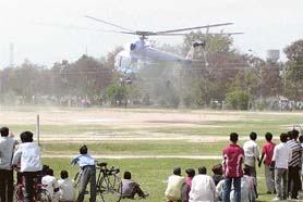 All ready to take off: Trial landing of helicopters at the phase VIII Dasehra ground in Mohali which would act as a make shift heli pad for the visit of Prince Charles.