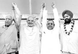 Sahib Singh Verma, Avinash Rai Khanna and Balramji Dass Tandon at the Jan Jagran rally in Rajpura on Sunday. 
