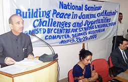 Chief Minister Ghulam Nabi Azad speaks at a seminar organised by Jammu University in Jammu on Wednesday.