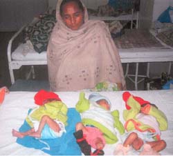 Rajwinder Kaur with her triplets at DMCH in Ludhiana on Wednesday