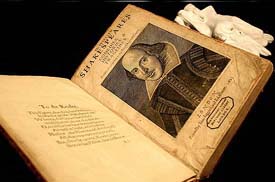 A 1623 copy of the calf-bound First Folio edition of William Shakespear's plays is displayed at Sotheby's auction house in central London on Thursday. The book is expected to fetch between  2.5 million ($ 4.35 million) and  3.5 million