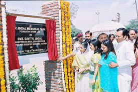 The late Om Prakash Jindals wife, Ms Savitri Devi Jindal, and other family members at the inauguration of a park in his memory at Hisar on Friday