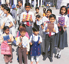 Outstanding students of Sanatan Vidya Mandir Senior Secondary School, Ahmedgarh, after receiving prizes on Friday