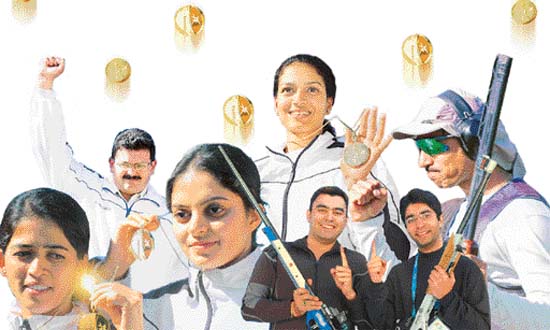 BANG ON TARGET: (From left) Tejaswini Sawant, Samresh Jung, Avneet Kaur Sidhu, Anuja Jung, Gagan Narang, Abhinav Bindra and Rajyavardhan Rathore