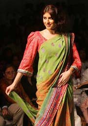 A model displays a creation by designer Anupama on the final day of the Lakme Fashion Week in Mumbai
