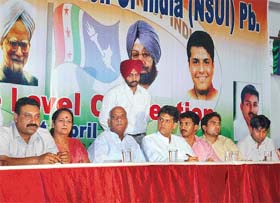 AICC Secretary Manish Tiwari and other leaders at a convention of the National Students Union of India in Ludhiana