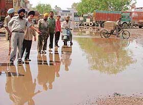 The waterlogged street in Transport Nagar, Ludhiana, which is causing problems to shopkeepers