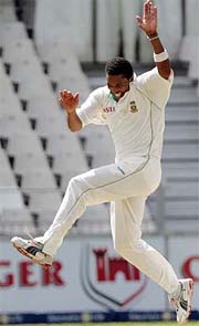 South Africas Makhaya Ntini celebrates taking the wicket of Australias Ricky Ponting on the second day of the third Test at the Wanderers Stadium in Johannesburg