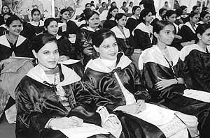 Students strike a happy pose after receiving degrees at the annual convocation of the Chitkara College of Education at Rajpura on Sunday.