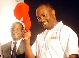 West Indies cricket star Brain Lara at the launch of a range of MRF tyres for luxury cars in Chennai on Monday. MRF is setting up a small plant in Sri Lanka for manufacturing rubber, a top company official said.