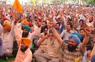 Participants in the rally organised at Desh Bhagat Yaadgaar Hall in Jalandhar
