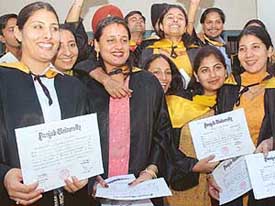 Students of the Government College of Education, Sector 20, Chandigarh, after receiving their degrees at the 50th annual convocation of the college on Wednesday.