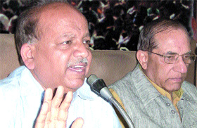 Delhi BJP president Dr Harsh Vardhan and BJP MP Vijay Kumar Malhotra addressing a press conference in the Capital on Wednesday