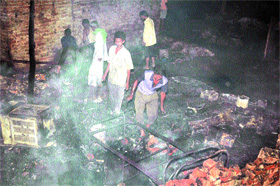 The scene at the site of a major fire which broke out at Geeta Colony in the Capital on Wednesday