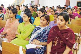 Students of the BCM College of Education during a seminar in Ludhiana on Tuesday.