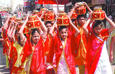 A shobha yatra being taken out in Jalandhar on the occasion of Ram Naumi on Thursday