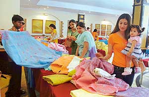 Chikankari works on display at an exhibition held in Ludhiana on Friday.