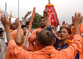 Devotees take part in a rath yatra on the occasion of Ram Navami organised by Shree Chaitanaya Gaudiya Math in Chandigarh on Saturday.