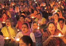 Women pray in Nehru Park, Sector 22, Chandigarh during the Ram Navmi satsang by Shri Ram Nam Sharnam on Sunday.