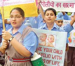 Students of Lawrence Public Senior Secondary School hold posters and banners during a polio immunisation awareness rally in Phase VI, Mohali, on Sunday.