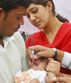 A child being administered polio drops during the pulse polio drive in Jalandhar