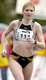 Yelena Tikhonova of Russia runs during the 4th International Marathon in Zurich, Switzerland, on Sunday. Tikhonova won the womens event