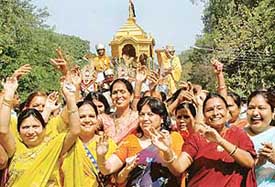 Devotees hold a shobha yatra on Mahavir Jayanti in Sector 27, Chandigarh, on Tuesday. 