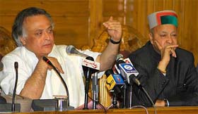 The Union Minister, Mr Jairam Ramesh, addresses a press conference at Shimla
