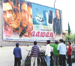 A scene outside a cinema house showing Saawan in Ludhiana on Tuesday. 