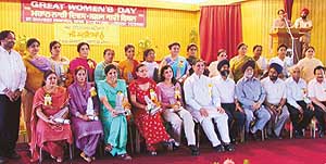 The Shaheed Memorial Seva Society honours women from different fields to celebrate Great Women's Day at Ramgarhia College for Women in Ludhiana, on Tuesday.