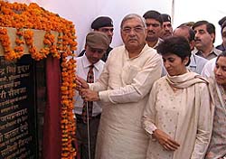 Haryana Minister of State for Housing and Urban Development Savitri Devi Jindal, Union Minister of State for Urban Employment and Poverty Alleviation Selja, Haryana Chief Minister Bhupinder Singh Hooda and State Health Minister Kartar Devi at a function organised to mark Dr B. R. Ambedkar's birth anniversary in Hisar on Friday.