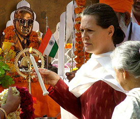 Congress president Sonia Gandhi along with Delhi CM Shiela Dikshit pays homage to Baba Ambedkar on his 115th birth anniversary at her residence in New Delhi on Friday