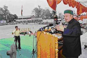 Chief Minister Virbhadra Singh addresses a gathering at Dehra in Kangra on the occasion of Himachal Day